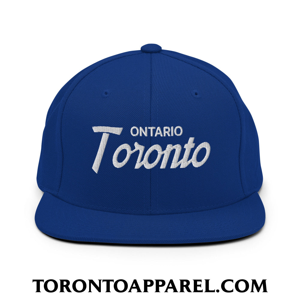 Toronto Ontario Vintage Sports Script Embroidered Flat Brim Bill Snapback Hat - Royal Blue - Toronto Apparel