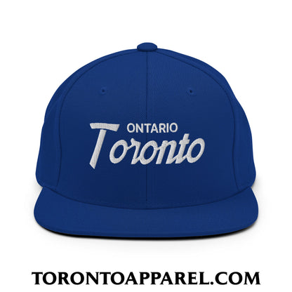 Toronto Ontario Vintage Sports Script Embroidered Flat Brim Bill Snapback Hat - Royal Blue - Toronto Apparel