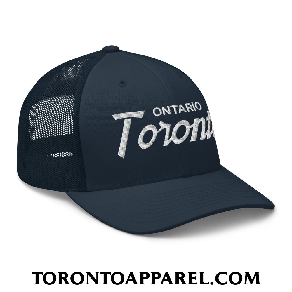 Toronto Ontario Vintage Sports Script Embroidered Mesh Trucker Hat - Toronto Apparel