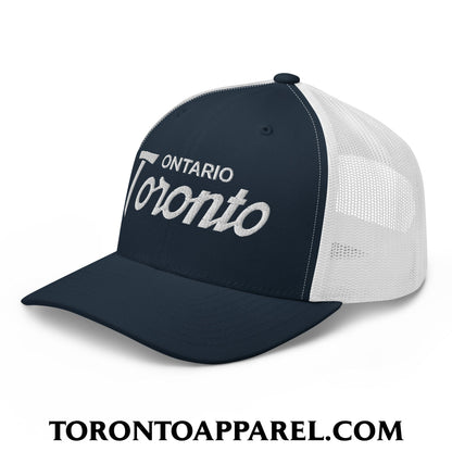 Toronto Ontario Vintage Sports Script Embroidered Mesh Trucker Hat - Toronto Apparel