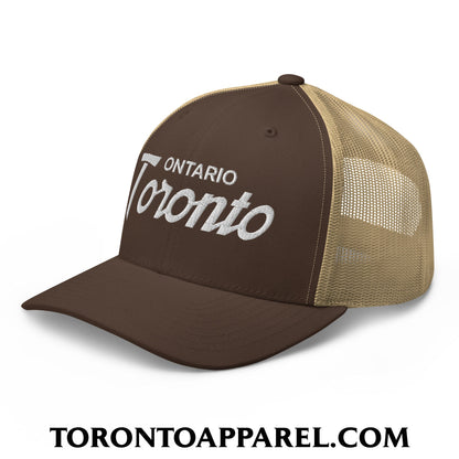Toronto Ontario Vintage Sports Script Embroidered Mesh Trucker Hat - Toronto Apparel