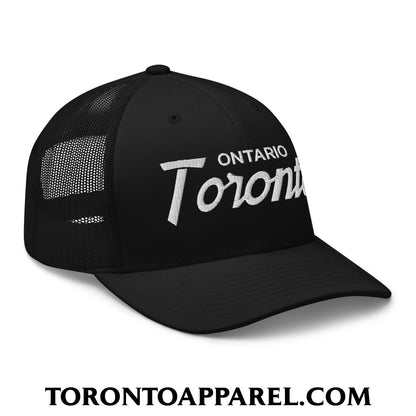 Toronto Ontario Vintage Sports Script Embroidered Mesh Trucker Hat - Toronto Apparel