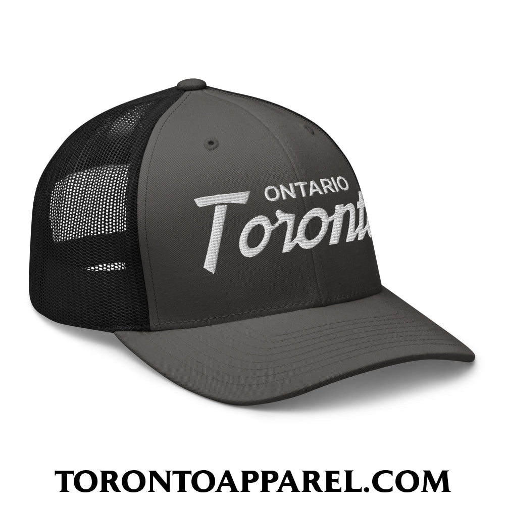 Toronto Ontario Vintage Sports Script Embroidered Mesh Trucker Hat - Toronto Apparel
