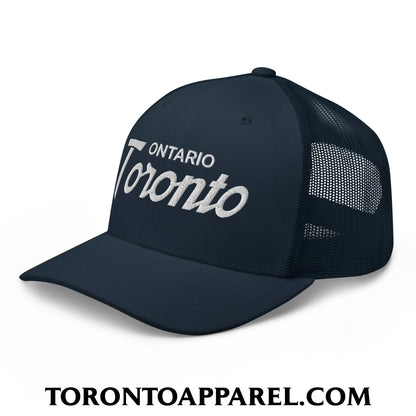 Toronto Ontario Vintage Sports Script Embroidered Mesh Trucker Hat - Toronto Apparel