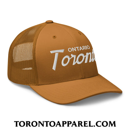 Toronto Ontario Vintage Sports Script Embroidered Mesh Trucker Hat - Toronto Apparel