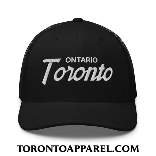 Toronto Ontario Vintage Sports Script Embroidered Mesh Trucker Hat - Black - Toronto Apparel