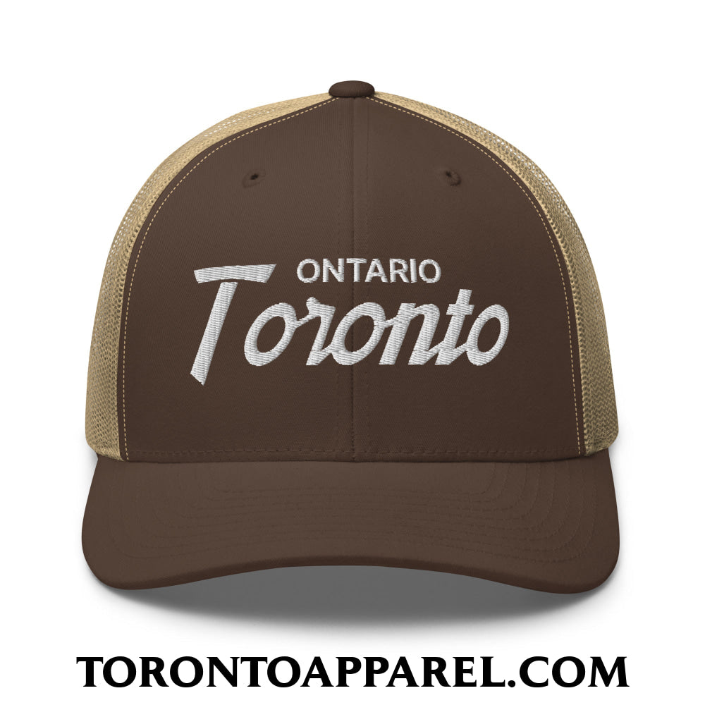 Toronto Ontario Vintage Sports Script Embroidered Mesh Trucker Hat - Brown/ Khaki - Toronto Apparel