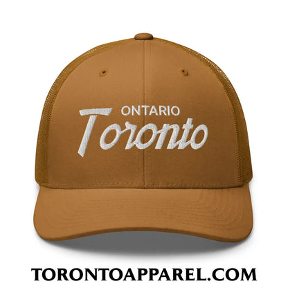 Toronto Ontario Vintage Sports Script Embroidered Mesh Trucker Hat - Caramel - Toronto Apparel