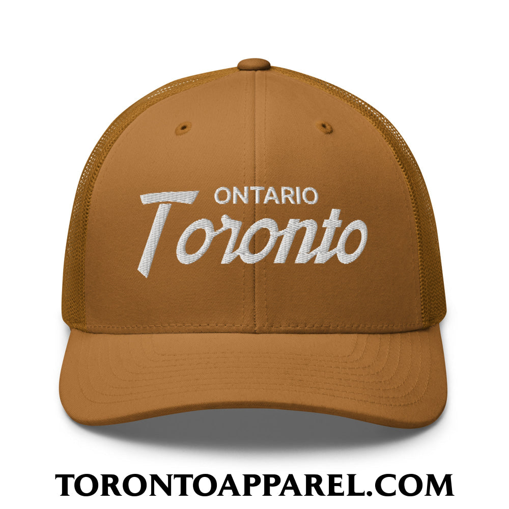 Toronto Ontario Vintage Sports Script Embroidered Mesh Trucker Hat - Caramel - Toronto Apparel