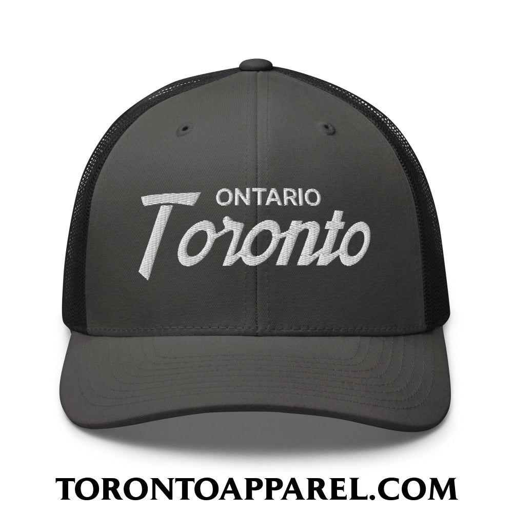 Toronto Ontario Vintage Sports Script Embroidered Mesh Trucker Hat - Charcoal/ Black - Toronto Apparel