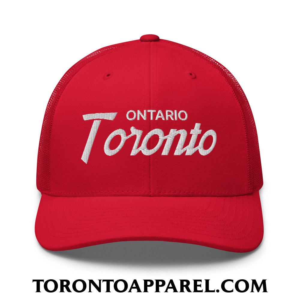 Toronto Ontario Vintage Sports Script Embroidered Mesh Trucker Hat - Red - Toronto Apparel