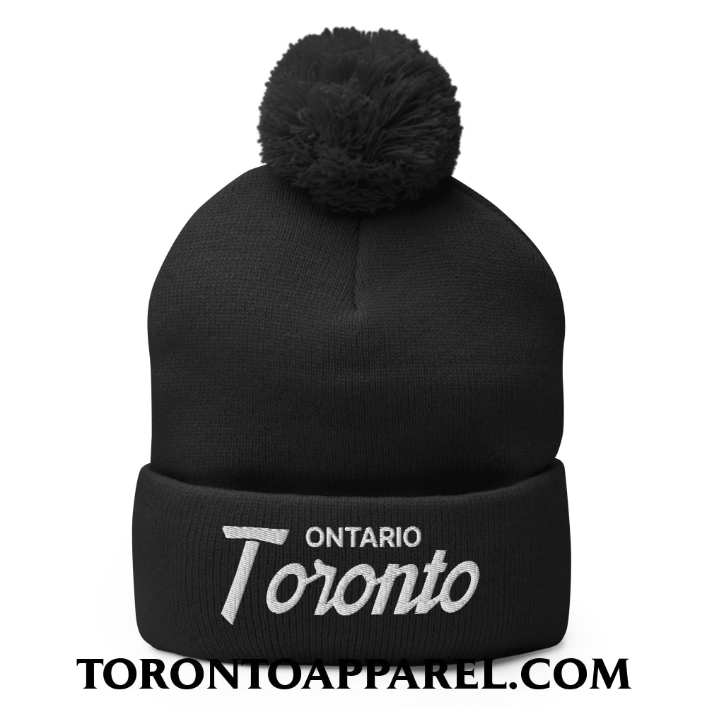 Toronto Ontario Vintage Sports Script Embroidered Pom Pom Knit Beanie - Black - Toronto Apparel