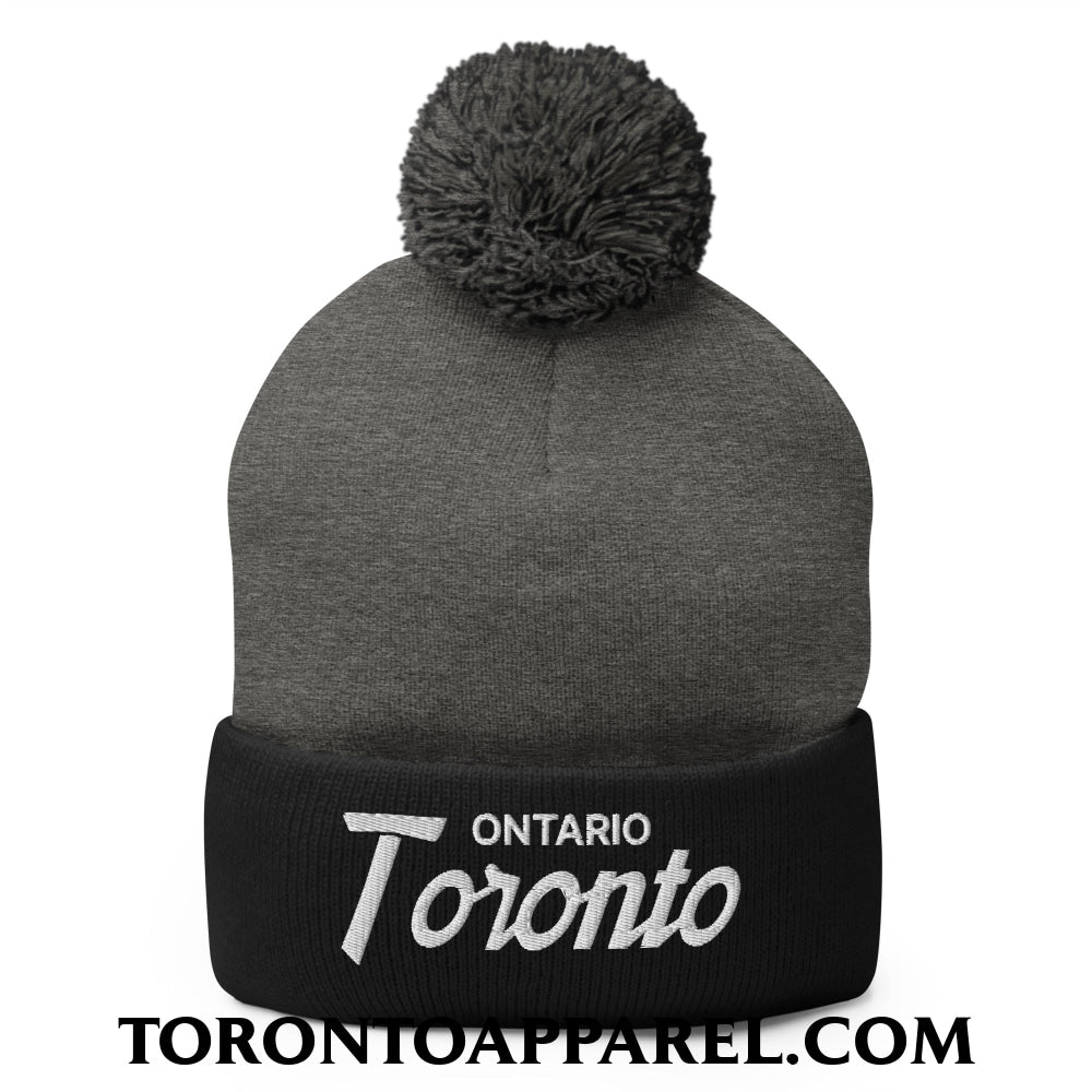 Toronto Ontario Vintage Sports Script Embroidered Pom Pom Knit Beanie - Dark Heather Grey/ Black - Toronto Apparel