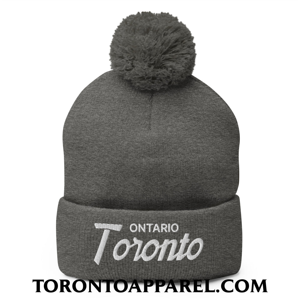 Toronto Ontario Vintage Sports Script Embroidered Pom Pom Knit Beanie - Dark Heather Grey - Toronto Apparel