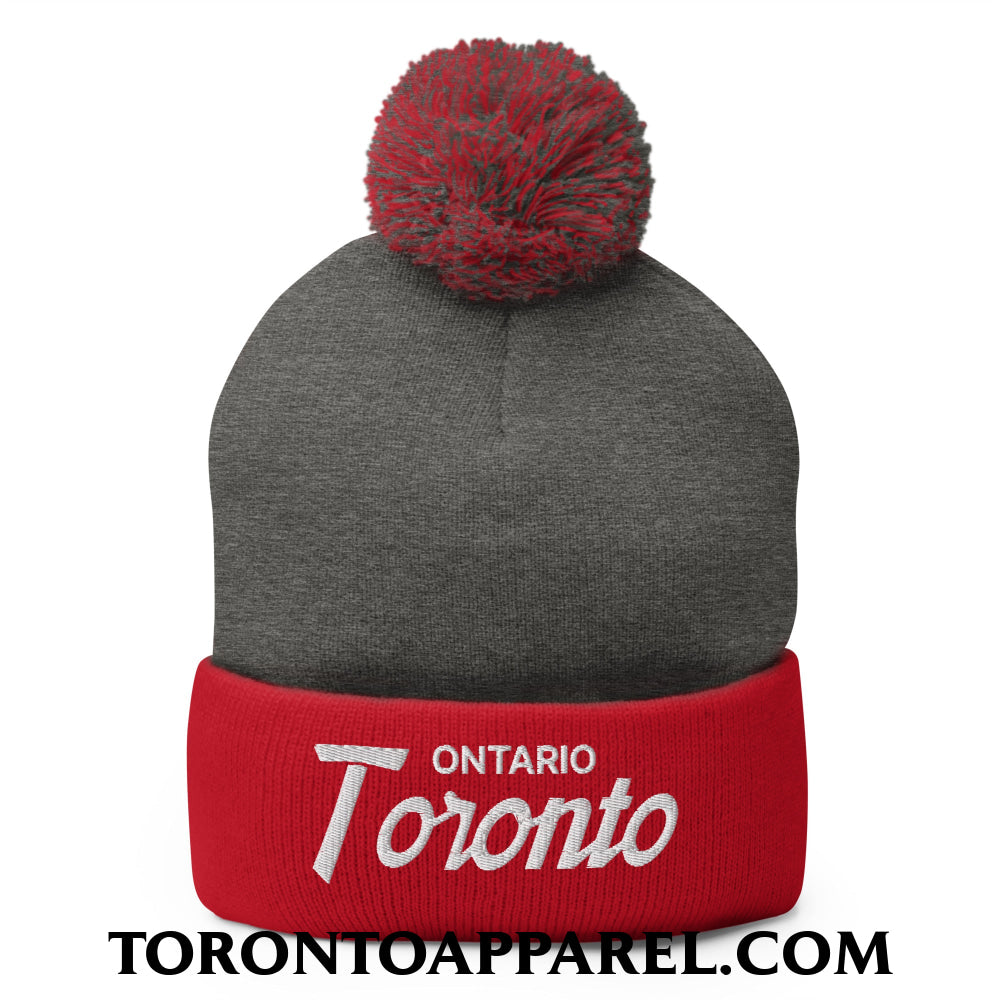 Toronto Ontario Vintage Sports Script Embroidered Pom Pom Knit Beanie - Dark Heather Grey/ Red - Toronto Apparel