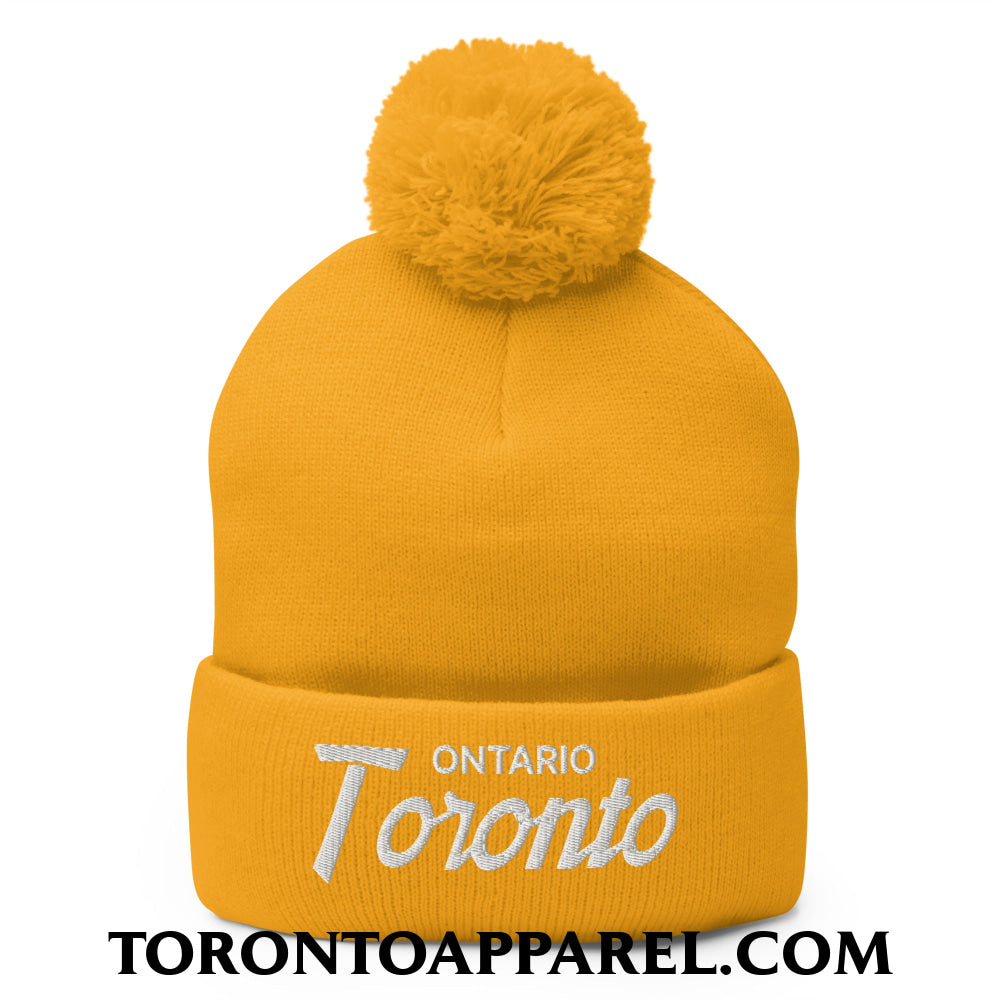 Toronto Ontario Vintage Sports Script Embroidered Pom Pom Knit Beanie - Gold - Toronto Apparel