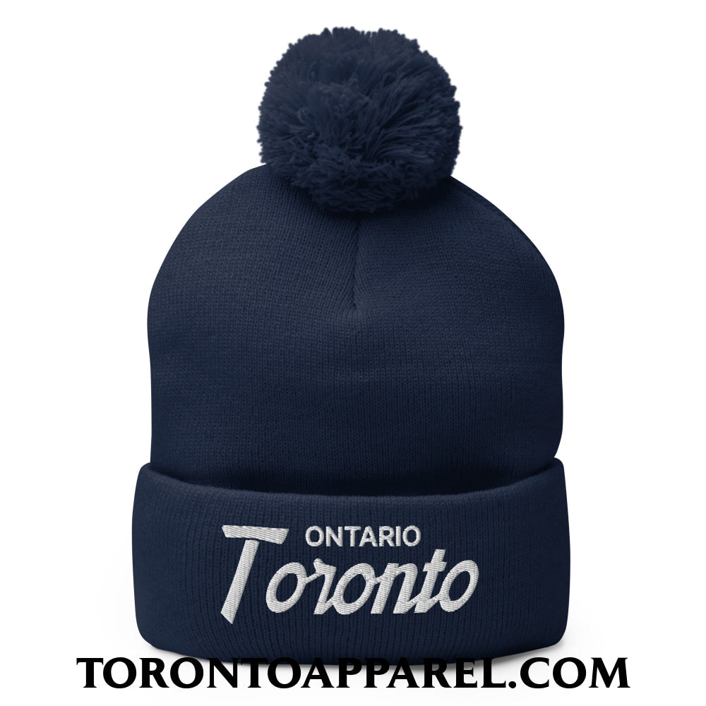 Toronto Ontario Vintage Sports Script Embroidered Pom Pom Knit Beanie - Navy - Toronto Apparel