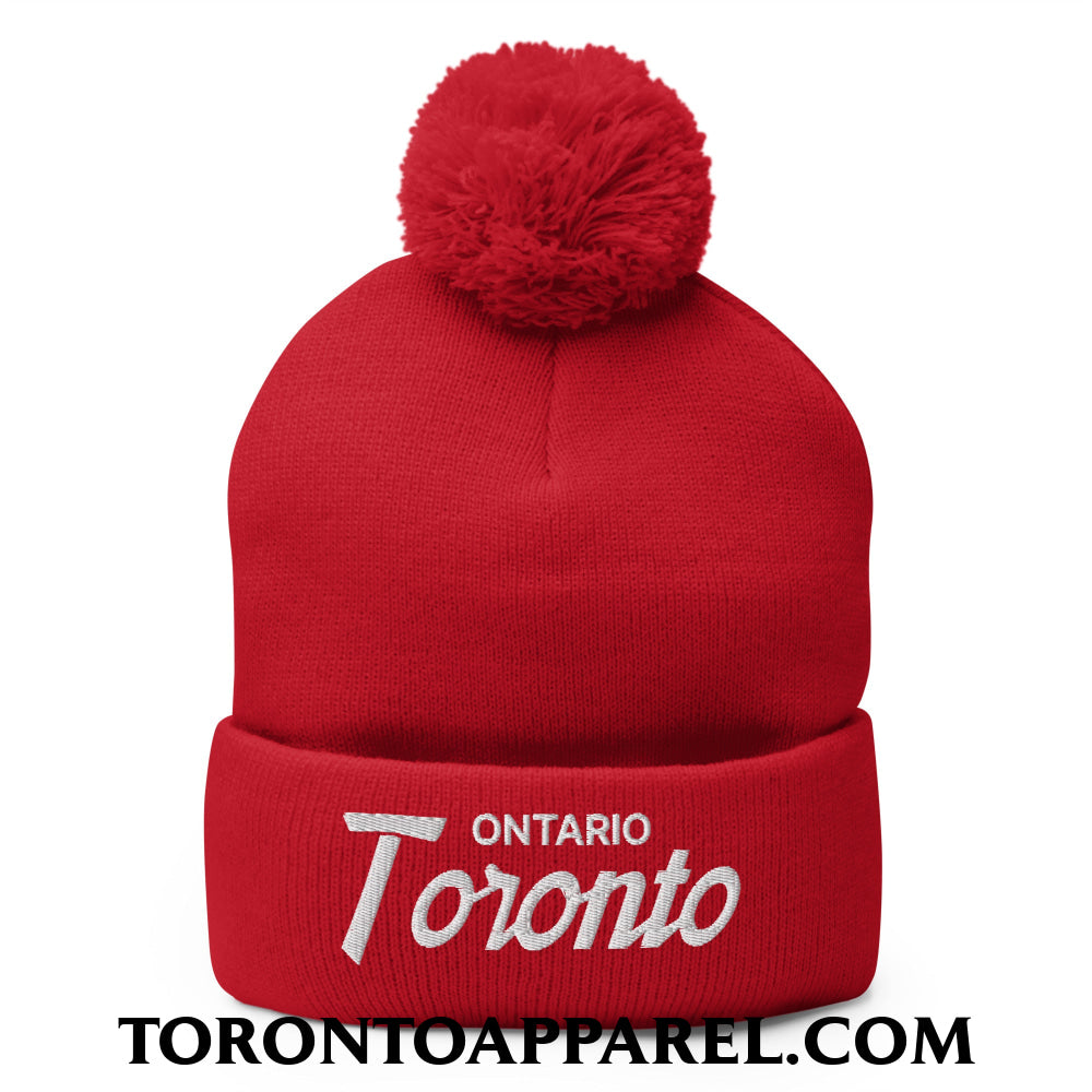 Toronto Ontario Vintage Sports Script Embroidered Pom Pom Knit Beanie - Red - Toronto Apparel