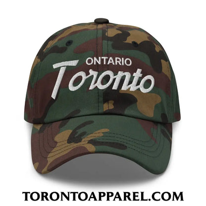 Toronto Ontario Vintage Sports Script Embroidered Unstructured Dad Hat - Green Camo - Toronto Apparel