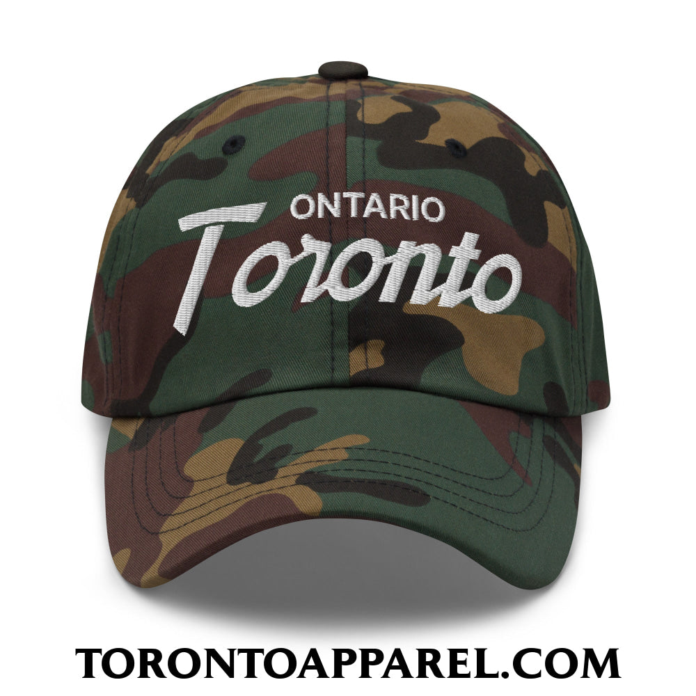 Toronto Ontario Vintage Sports Script Embroidered Unstructured Dad Hat - Green Camo - Toronto Apparel