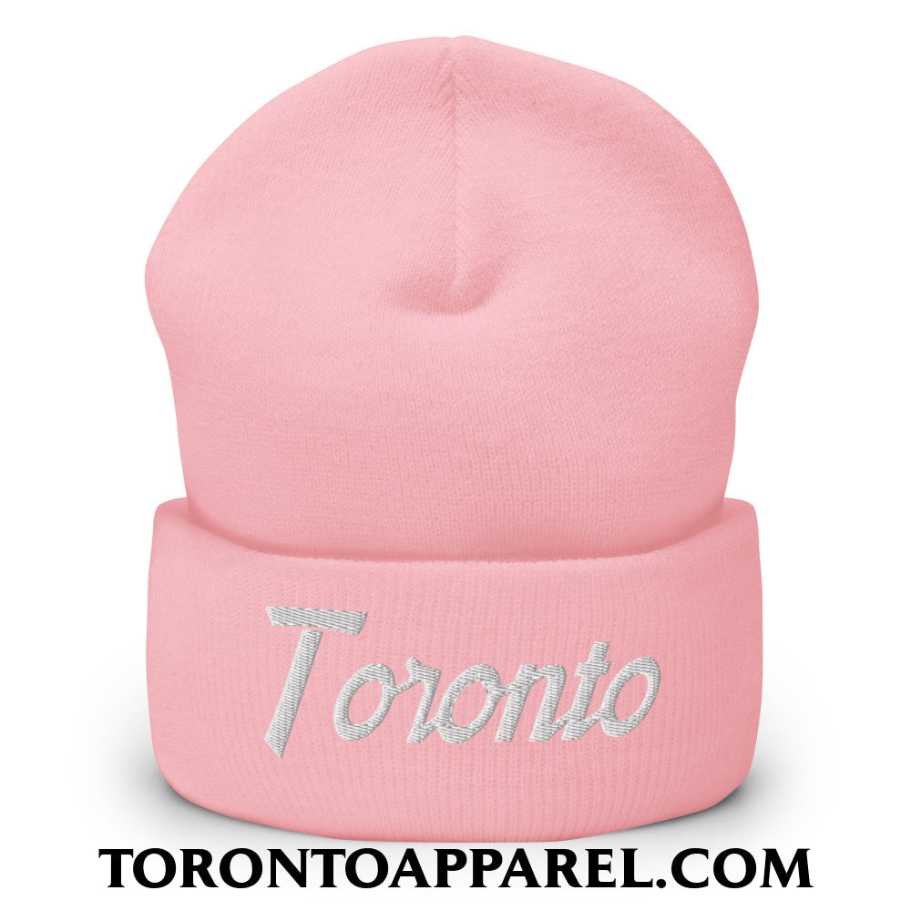 Toronto Vintage Sports Script Embroidered Cuffed Knit Beanie - Baby Pink - Toronto Apparel