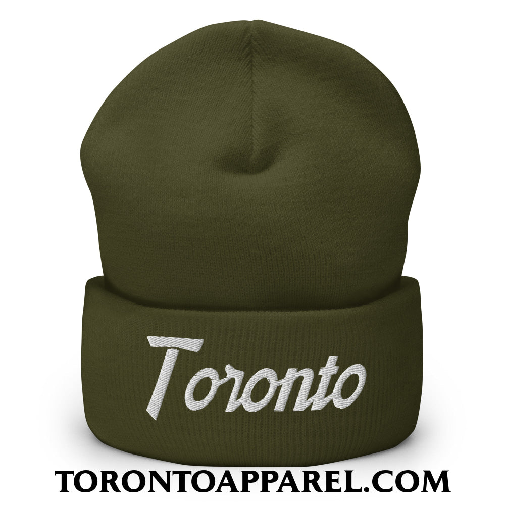 Toronto Vintage Sports Script Embroidered Cuffed Knit Beanie - Olive - Toronto Apparel