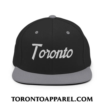 Toronto Vintage Sports Script Embroidered Flat Brim Bill Snapback Hat - Black/ Silver - Toronto Apparel