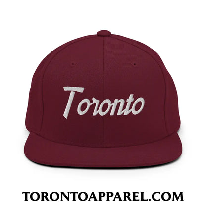 Toronto Vintage Sports Script Embroidered Flat Brim Bill Snapback Hat - Maroon - Toronto Apparel