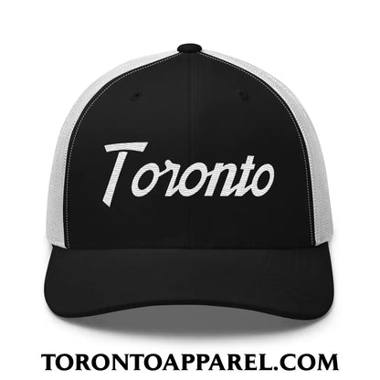 Toronto Vintage Sports Script Embroidered Mesh Trucker Hat - Black/ White - Toronto Apparel