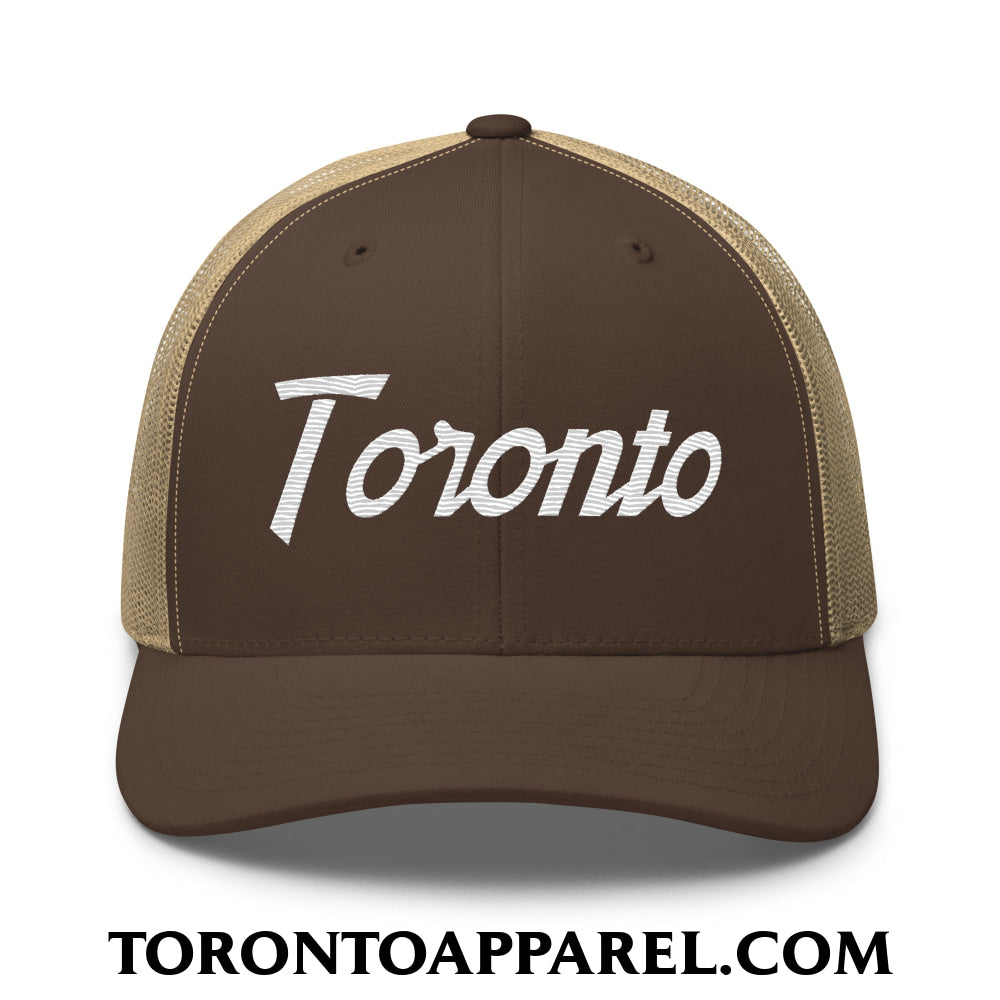 Toronto Vintage Sports Script Embroidered Mesh Trucker Hat - Brown/ Khaki - Toronto Apparel