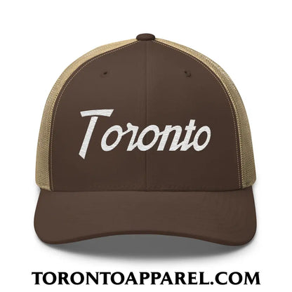 Toronto Vintage Sports Script Embroidered Mesh Trucker Hat - Brown/ Khaki - Toronto Apparel