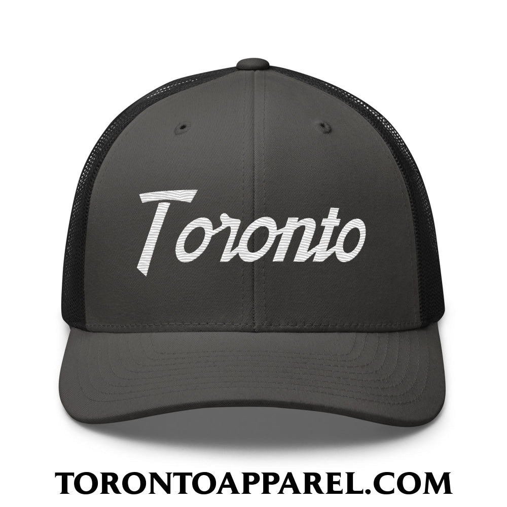 Toronto Vintage Sports Script Embroidered Mesh Trucker Hat - Charcoal/ Black - Toronto Apparel
