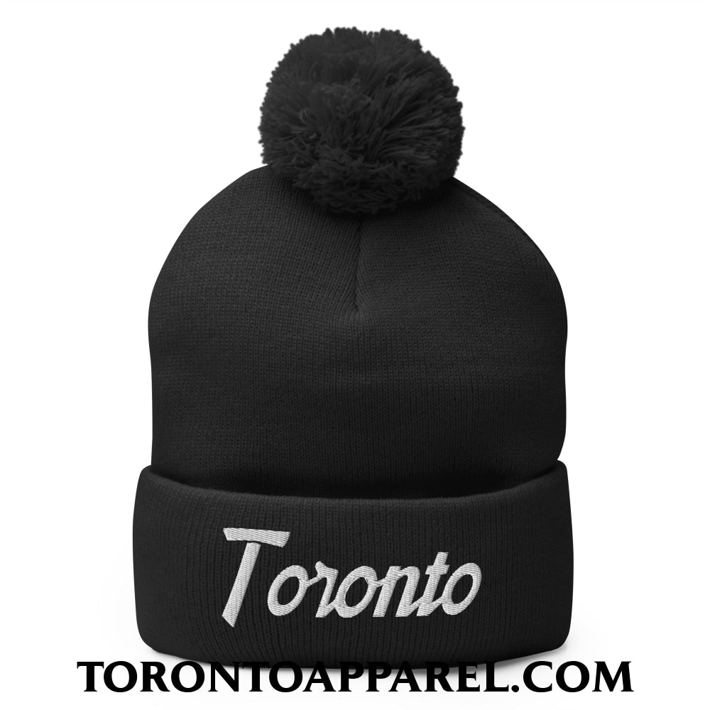Toronto Vintage Sports Script Embroidered Pom Pom Knit Beanie - Black - Toronto Apparel