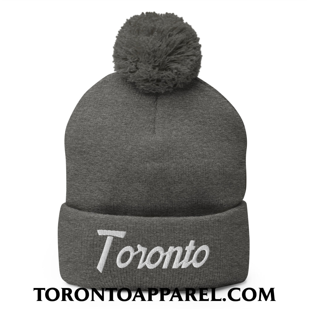 Toronto Vintage Sports Script Embroidered Pom Pom Knit Beanie - Dark Heather Grey - Toronto Apparel