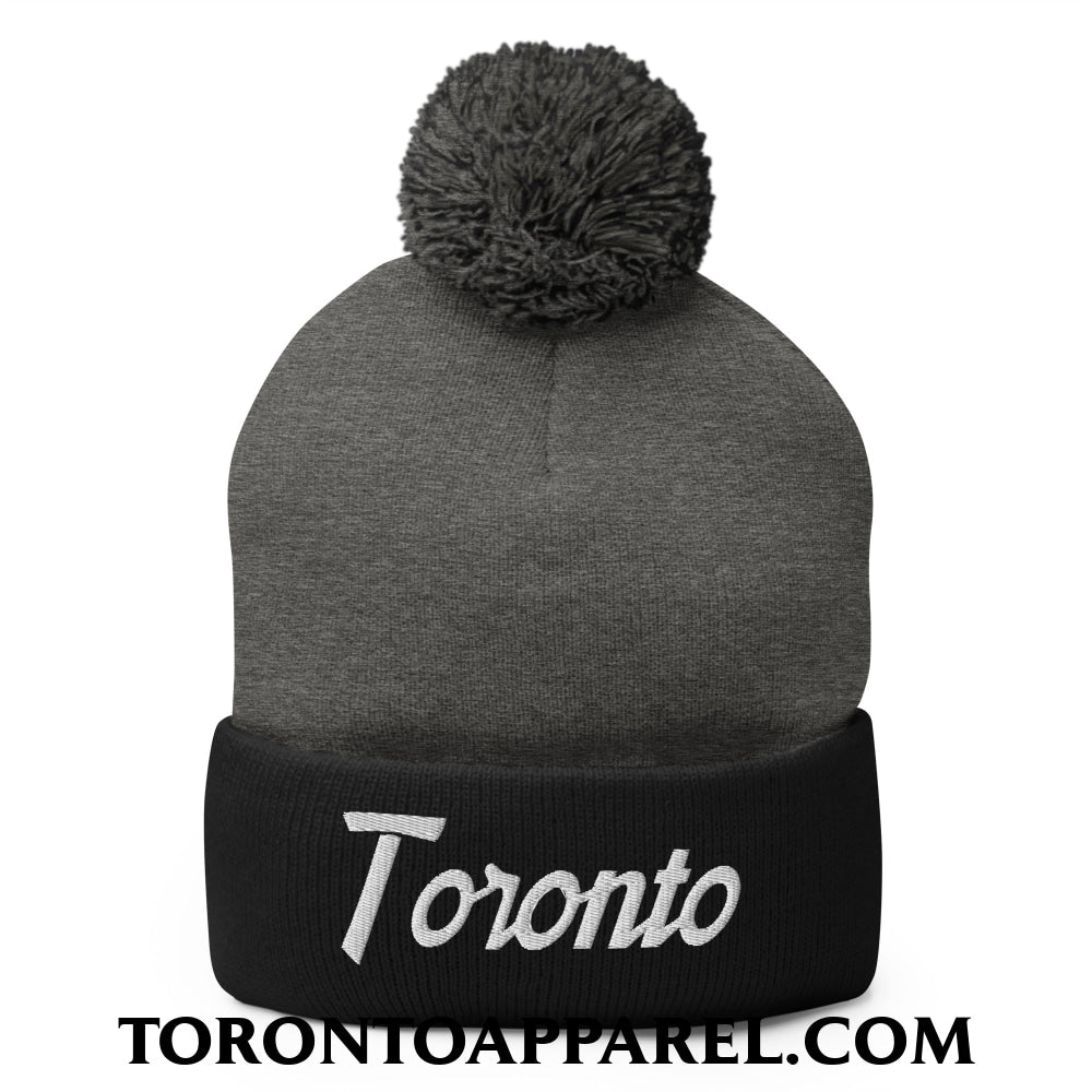 Toronto Vintage Sports Script Embroidered Pom Pom Knit Beanie - Dark Heather Grey/ Black - Toronto Apparel