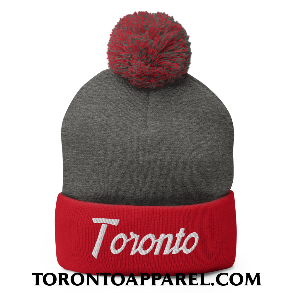 Toronto Vintage Sports Script Embroidered Pom Pom Knit Beanie - Dark Heather Grey/ Red - Toronto Apparel