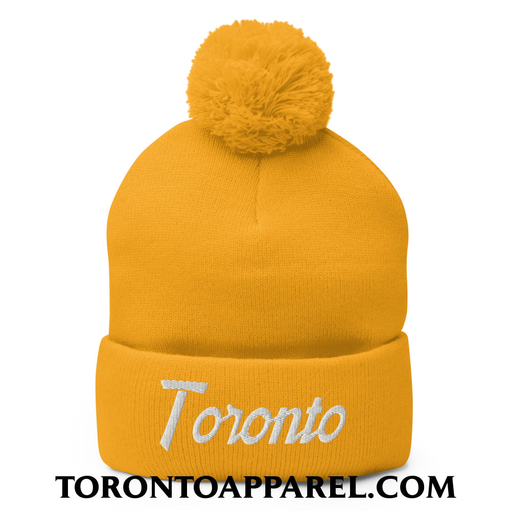 Toronto Vintage Sports Script Embroidered Pom Pom Knit Beanie - Gold - Toronto Apparel