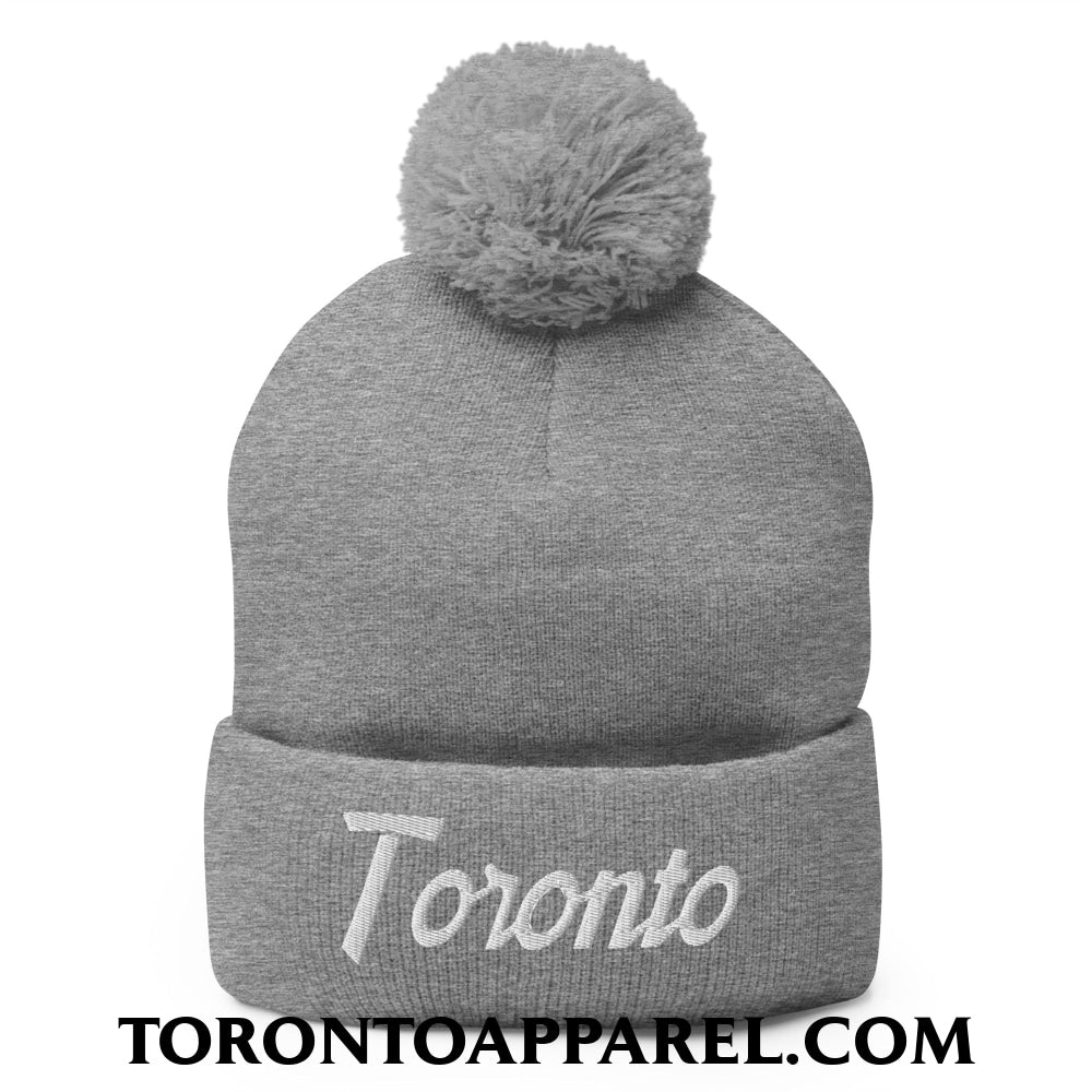 Toronto Vintage Sports Script Embroidered Pom Pom Knit Beanie - Heather Grey - Toronto Apparel