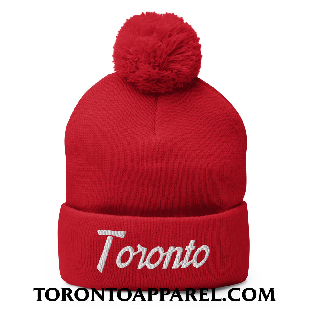 Toronto Vintage Sports Script Embroidered Pom Pom Knit Beanie - Red - Toronto Apparel