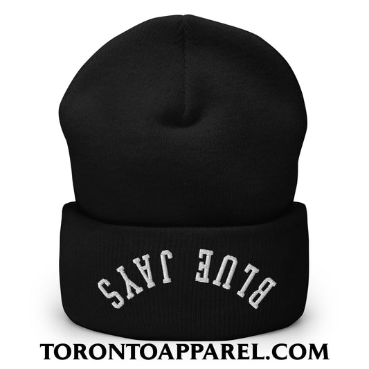 Upside Down Blue Jays Embroidered Cuffed Knit Beanie - Black - Toronto Apparel