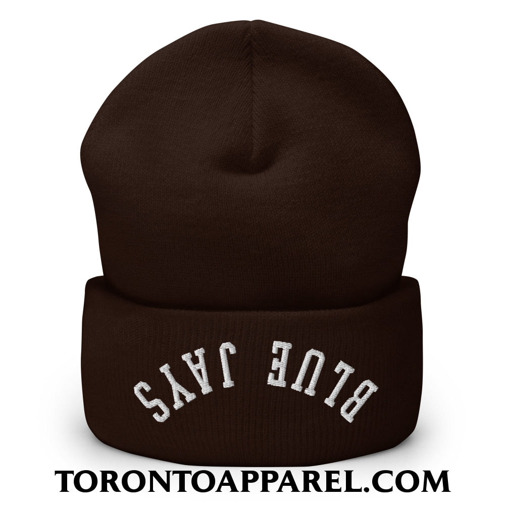 Upside Down Blue Jays Embroidered Cuffed Knit Beanie - Brown - Toronto Apparel