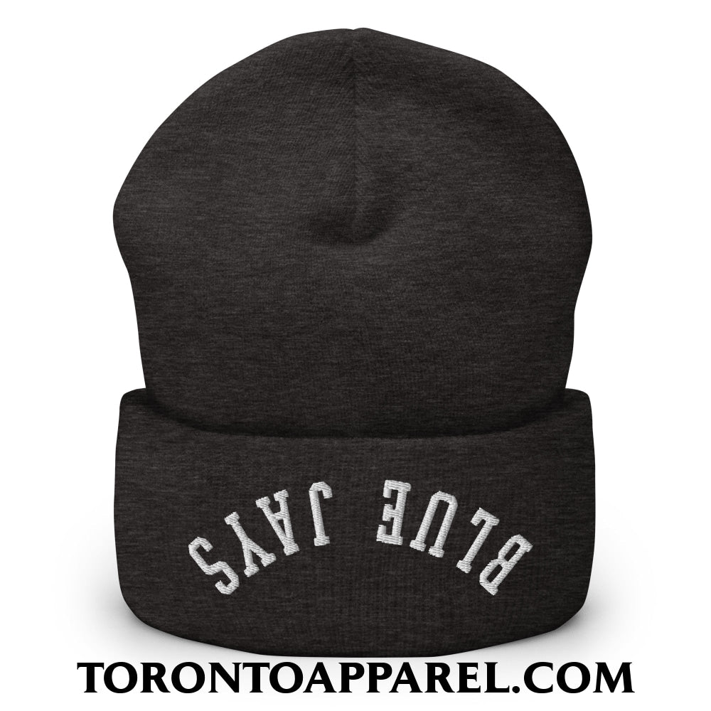 Upside Down Blue Jays Embroidered Cuffed Knit Beanie - Dark Grey - Toronto Apparel