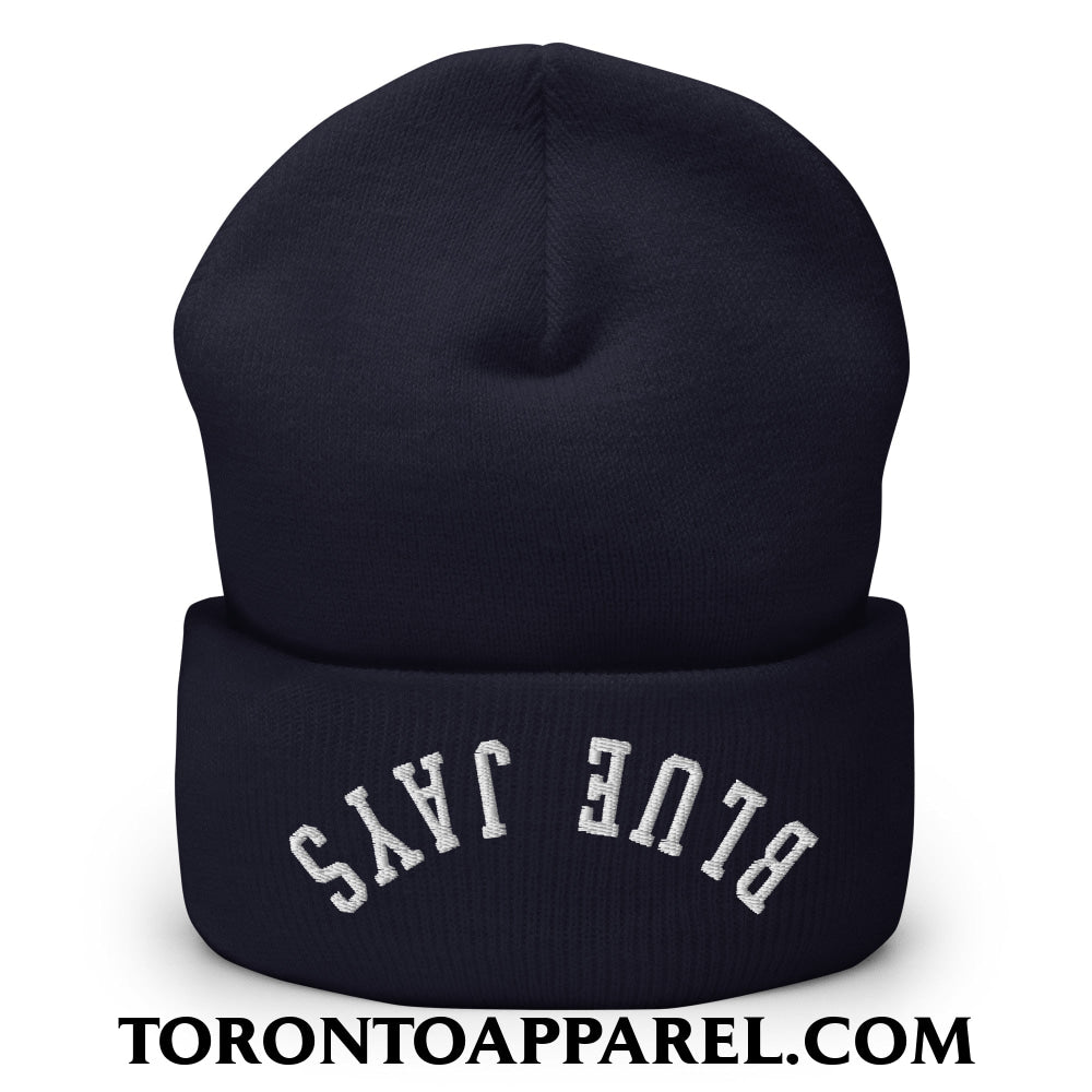 Upside Down Blue Jays Embroidered Cuffed Knit Beanie - Navy - Toronto Apparel