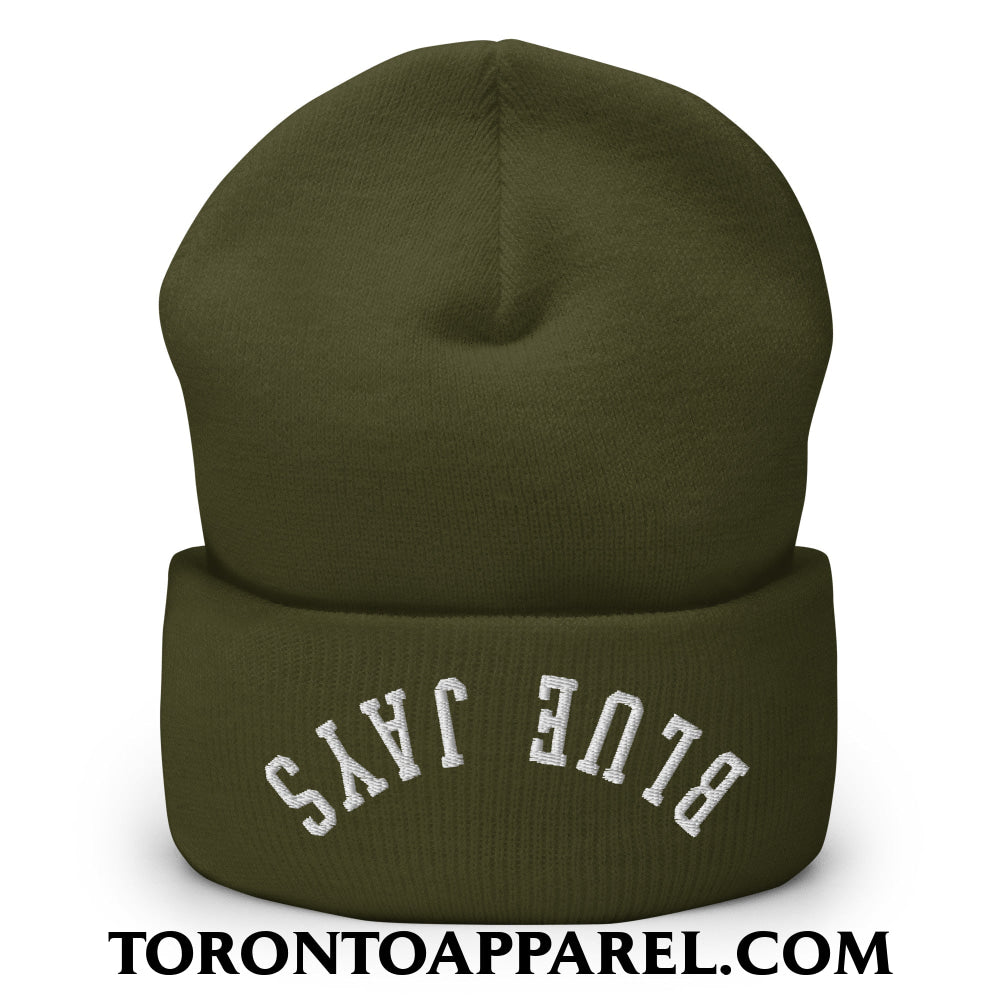Upside Down Blue Jays Embroidered Cuffed Knit Beanie - Olive - Toronto Apparel
