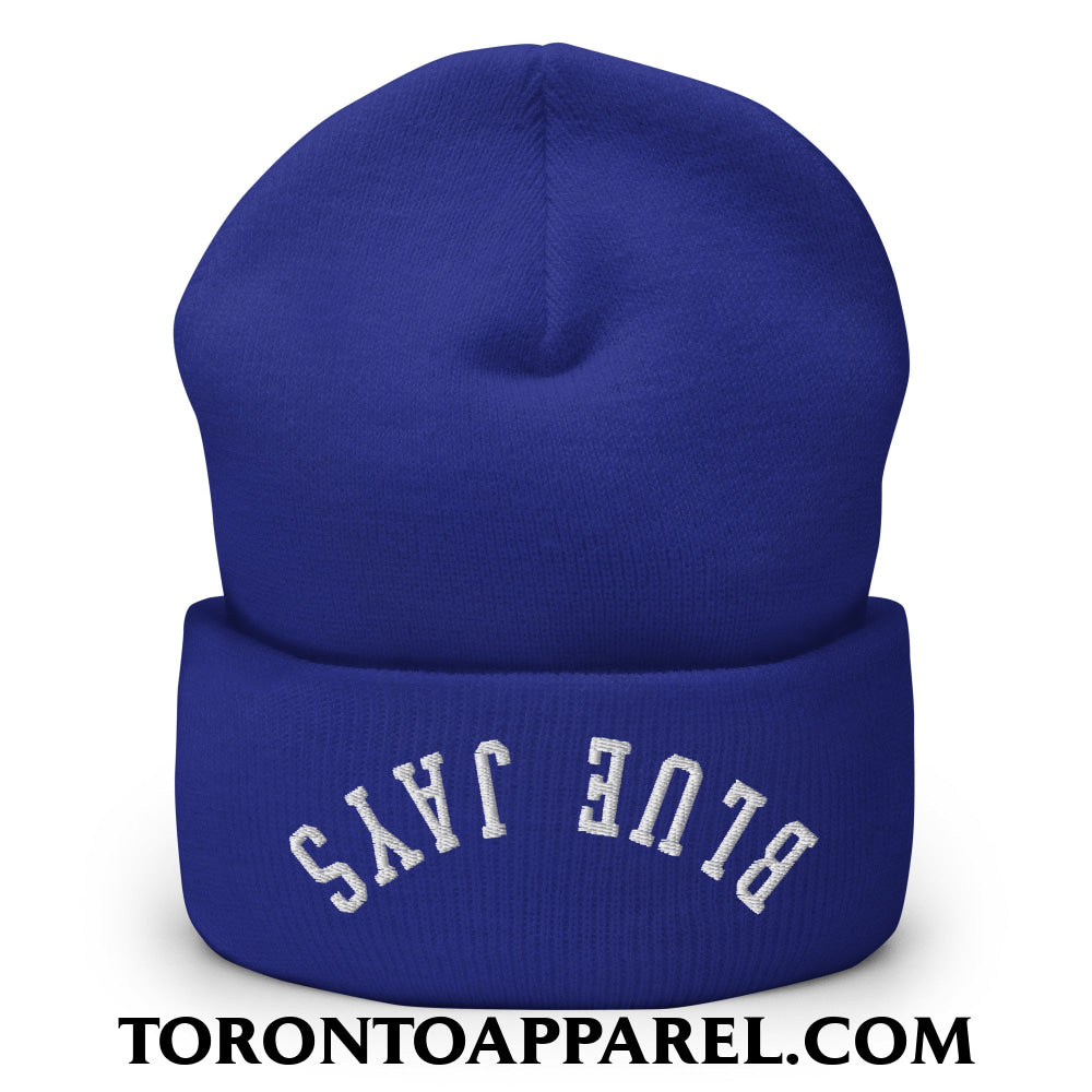 Upside Down Blue Jays Embroidered Cuffed Knit Beanie - Royal - Toronto Apparel