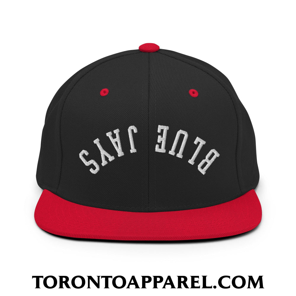 Upside Down Blue Jays Embroidered Flat Brim Bill Snapback Hat - Black/ Red - Toronto Apparel