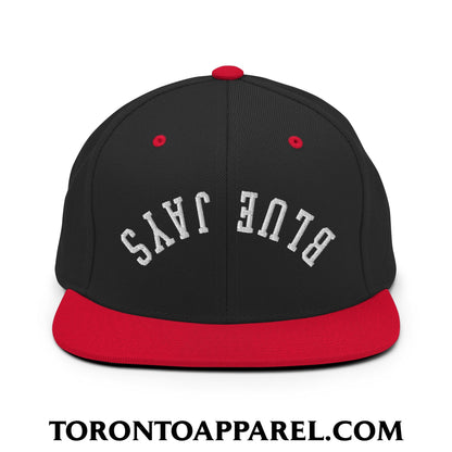 Upside Down Blue Jays Embroidered Flat Brim Bill Snapback Hat - Black/ Red - Toronto Apparel