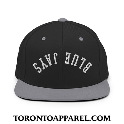 Upside Down Blue Jays Embroidered Flat Brim Bill Snapback Hat - Black/ Silver - Toronto Apparel