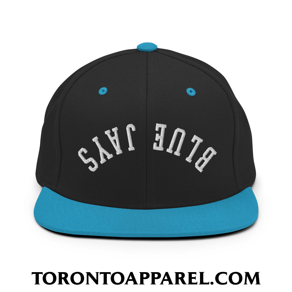 Upside Down Blue Jays Embroidered Flat Brim Bill Snapback Hat - Black/ Teal - Toronto Apparel