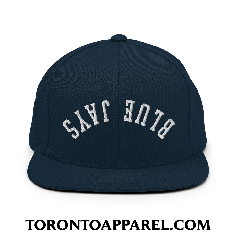 Upside Down Blue Jays Embroidered Flat Brim Bill Snapback Hat - Dark Navy - Toronto Apparel